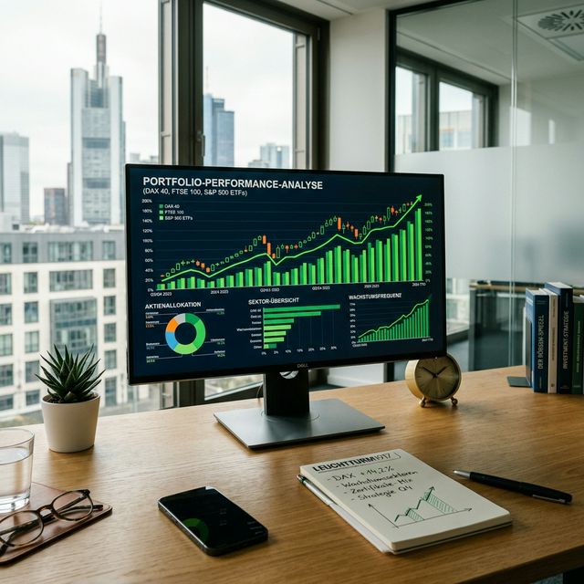 Finanzcharts und Wachstumskurven auf einem Monitor zur Portfolio-Analyse