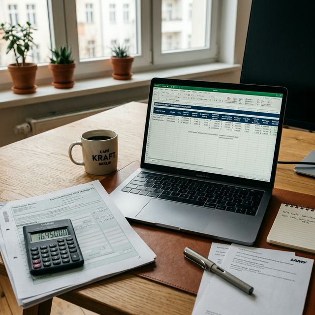 Laptop mit Tabellenkalkulation zur Mietrendite-Analyse auf einem Schreibtisch