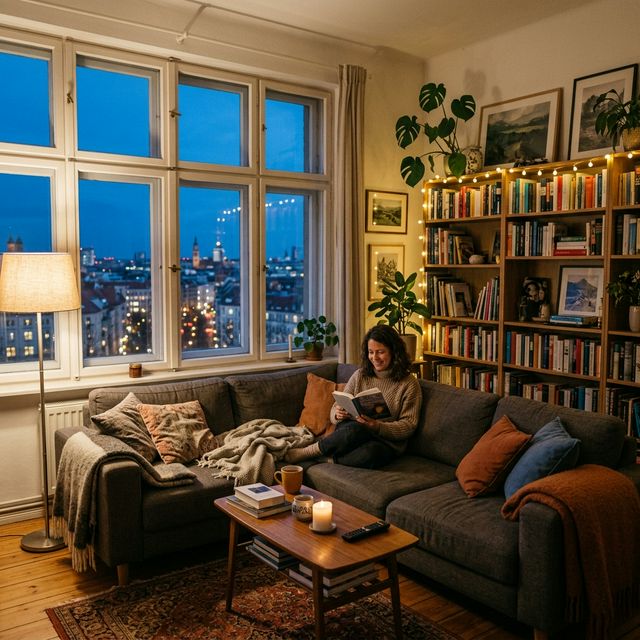 Modernes Wohnzimmer mit Heizkörper und Nebenkostenabrechnung auf dem Tisch