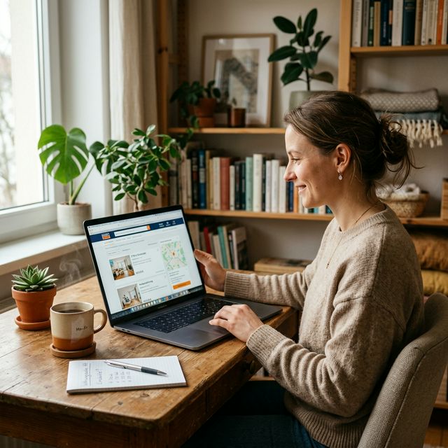 Person sucht Immobilien-Angebote auf dem Laptop im Home-Office