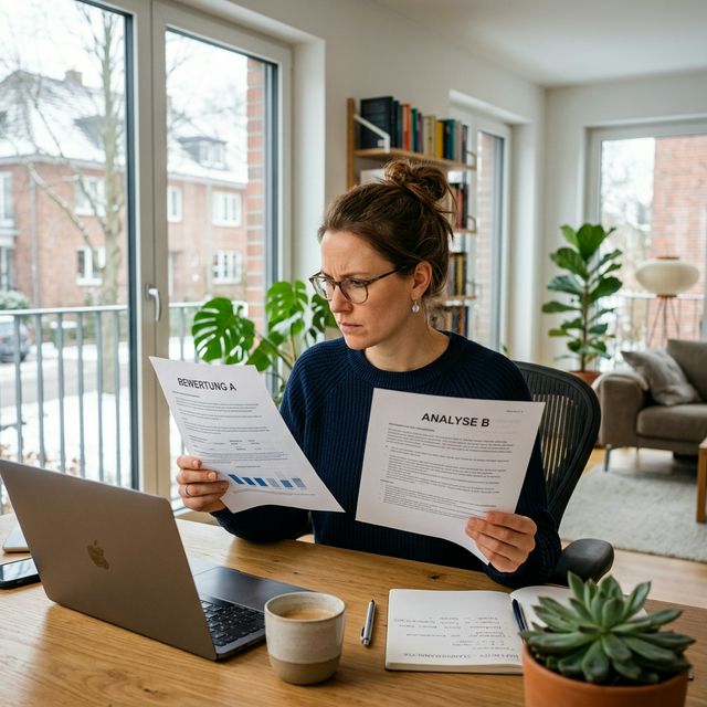 Frau vergleicht Mietvertrag und Mieterhöhungserklärung am Schreibtisch