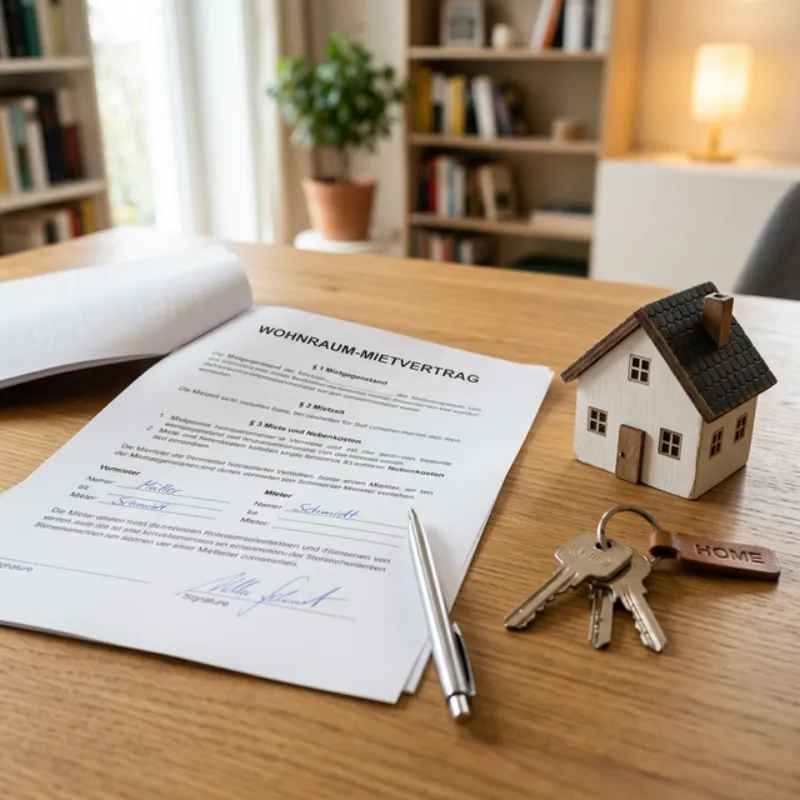 Mietvertrag und Wohnungsschlüssel auf einem Schreibtisch