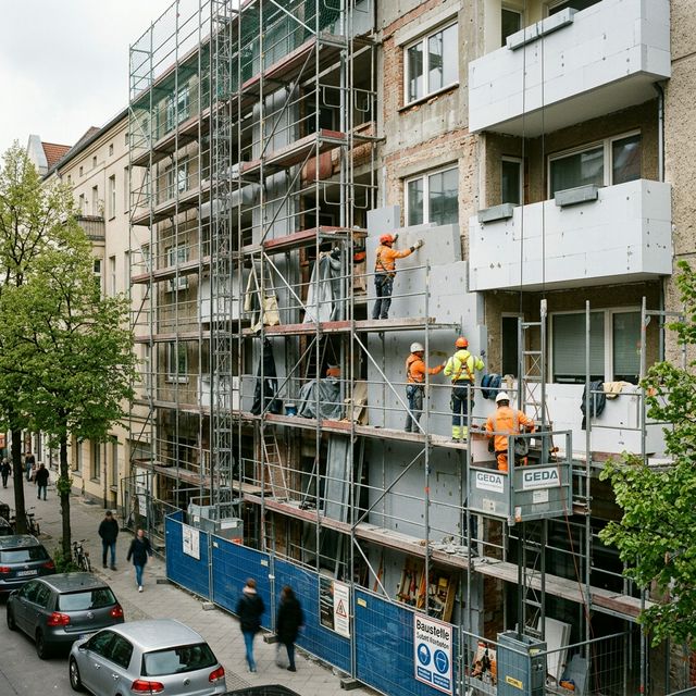 Wohngebäude mit Baugerüst und Wärmedämmung bei einer energetischen Sanierung
