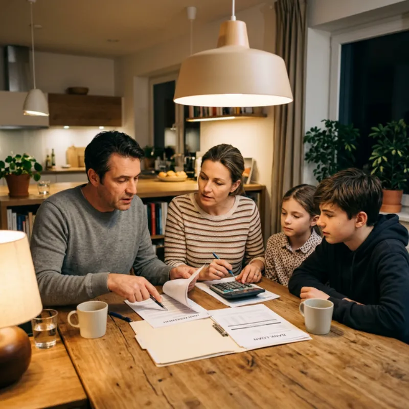 Familie überprüft Bankdokumente am Esstisch
