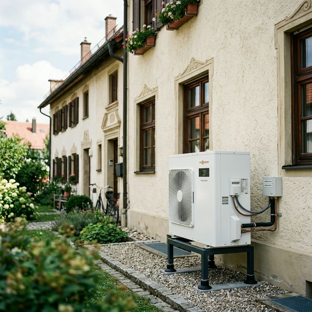 Wärmepumpe an der Außenwand eines deutschen Altbaus – typische energetische Modernisierung